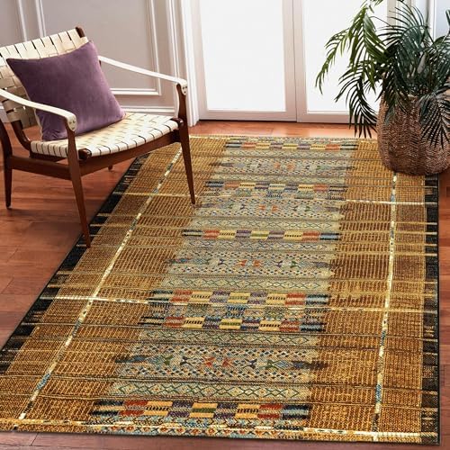 Liora Manne Marina Low Profile Durable Indoor/Outdoor Woven Rug- Tribal Stripe Gold 7'10" x 9'10"
