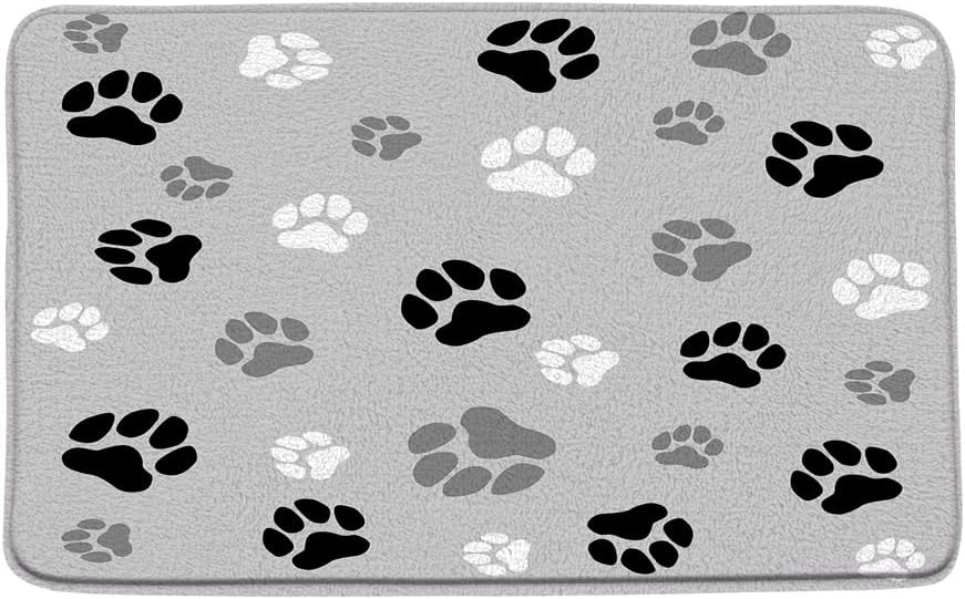 Dog Paw Print Bath Mat Black Grey White Cat Dog Kitten Kitty Footprint Pet Lover Cute Animal Cartoon Modern Creative Microfiber Memory Foam Absorbent Bathroom Decor Mat,Grey Black White
