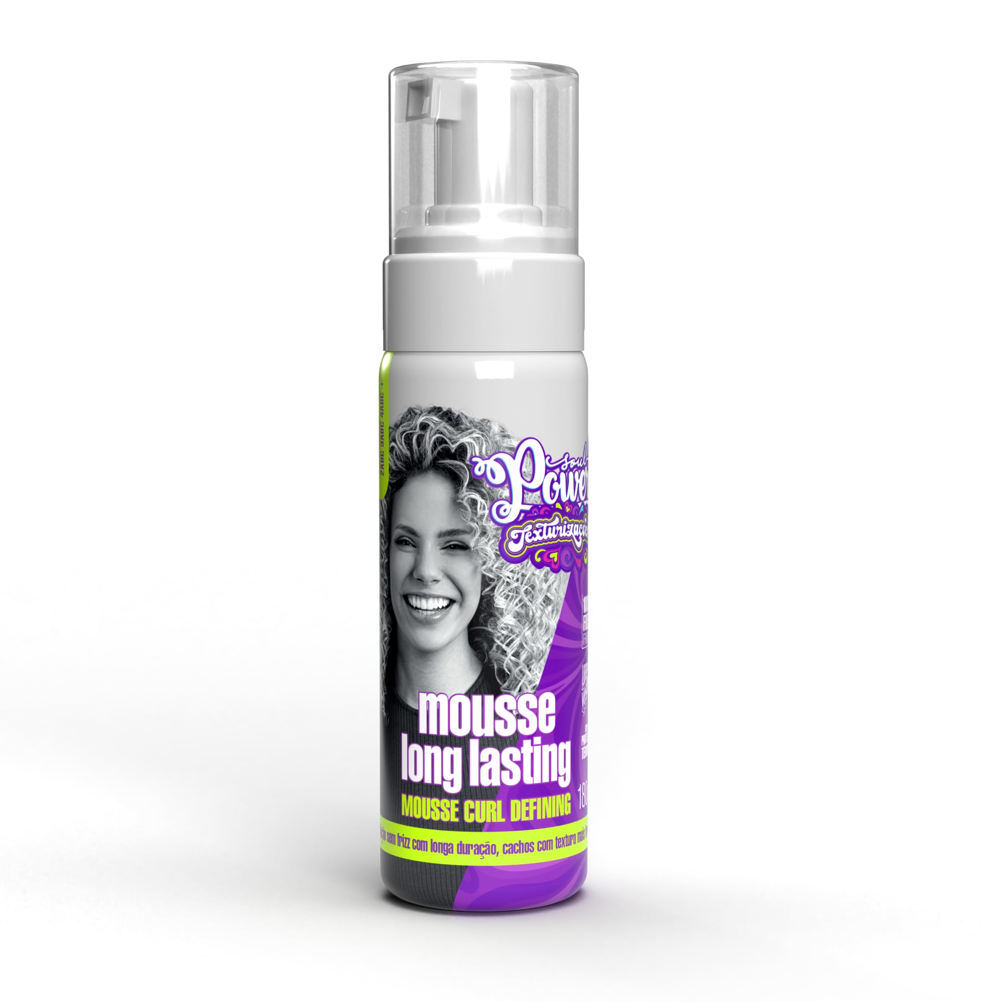 Mousse Soul Power Long Lasting em embalagem branca e roxa para cabelos cacheados