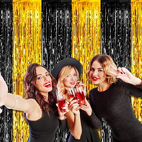 Image of 4 Pack Black Gold Foil Fringe Curtain Backdrop, 3.28Ft x 8.2Ft Metallic Tinsel Foil Fringe Streamers Curtains for Photo Booth, Wedding, Graduation, Birthday, Carnival Party Decoration