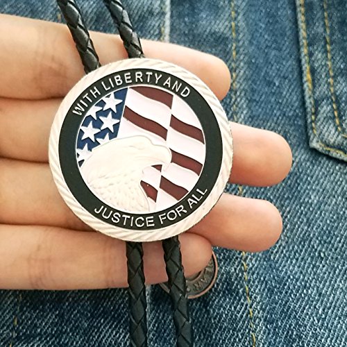 SELOVO Genuine Leather American Flag Eagle Bolo Tie Silver Tone Colored2