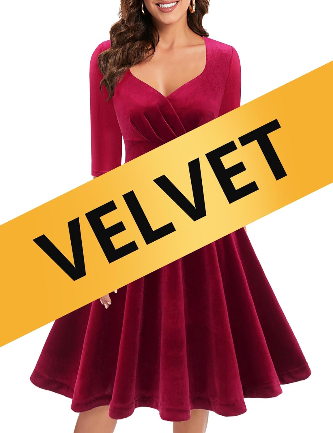Bbonlinedress Womens Velvet Long Sleeve Formal Wedding Guest Vintage Cocktail Holiday Party Midi Dress - Image 2
