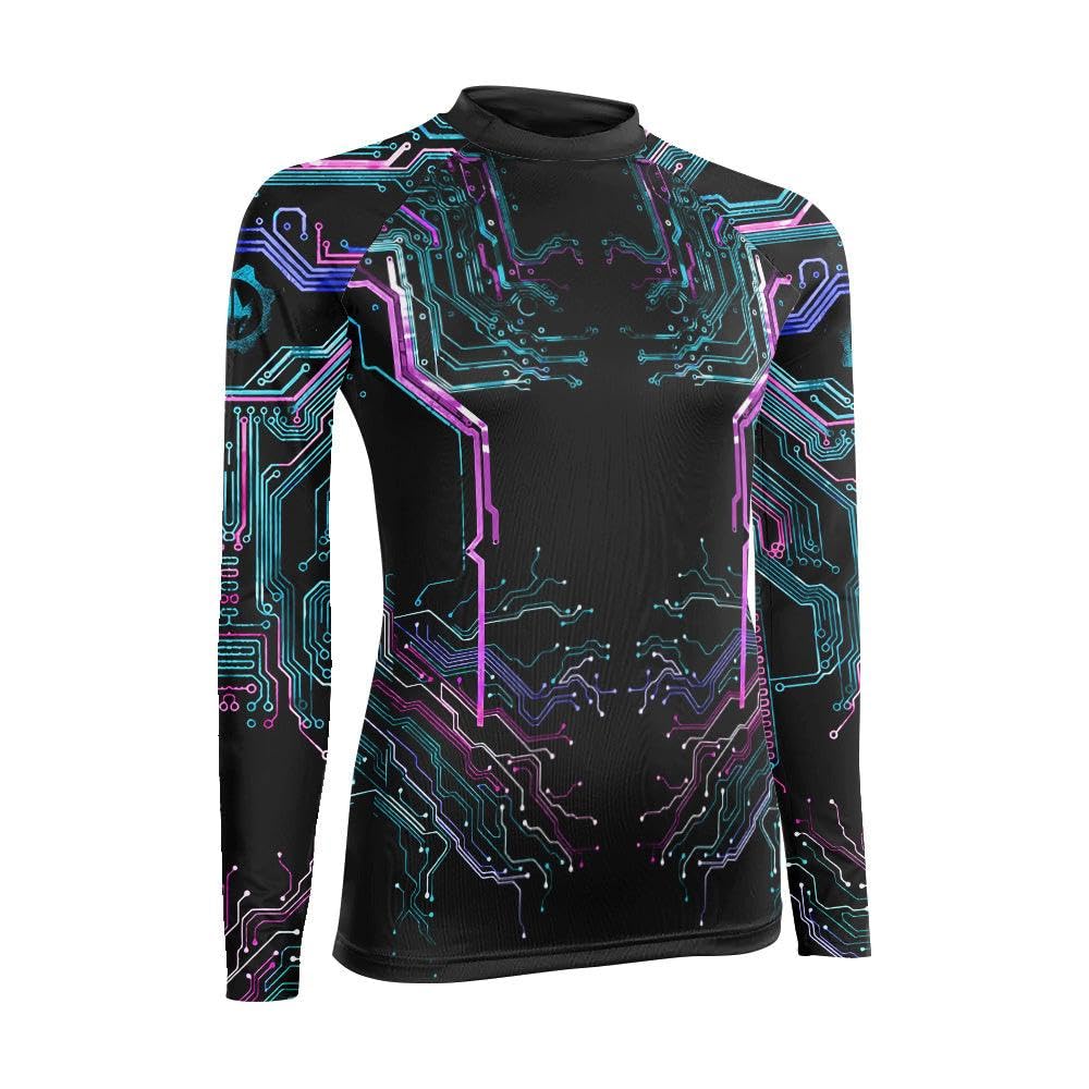 BattleFitGear Glowing Circuit Women's Long Sleeve Rash Guard – Compression Training Shirt for MMA, BJJ, Grappling & Fitness (US, Alpha, Medium, Regular, Regular, V2)
