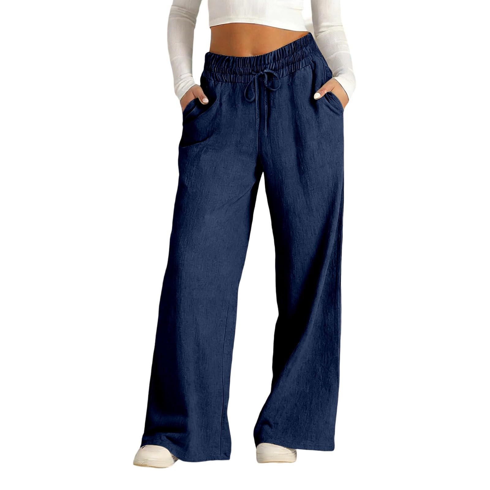 Pantalon Fluide Femme Été Léger Pantalon en Lin Décontracté Taille Elastique Pants à Jambes Larges avec Poches Respirant Confortable Pantalons Ample de Plage