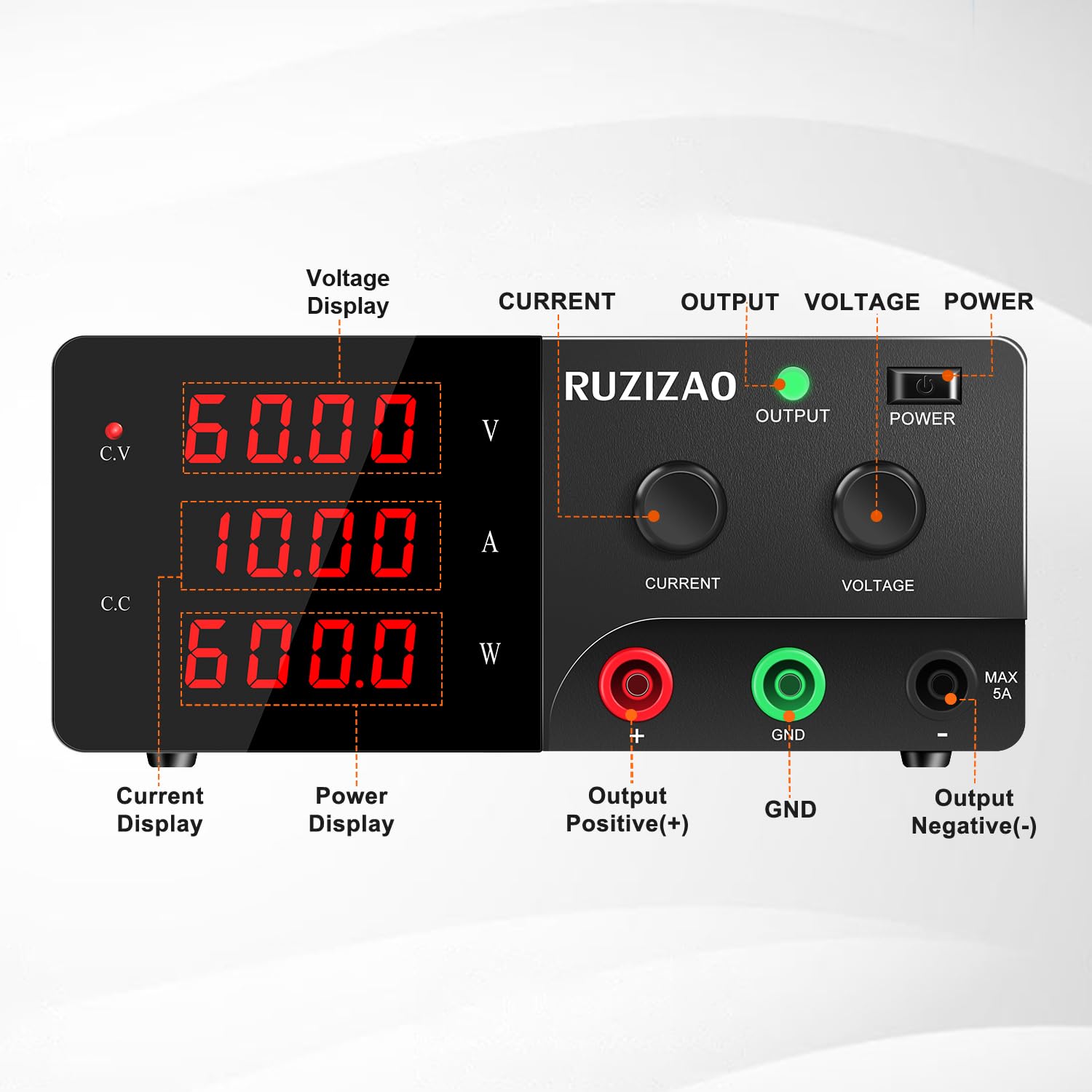 Alimentatore da Banco 60V 10A 600W Alta Potenza Alimentatore da Laboratorio con OUTPUT/Encoder, Alimentatore Regolabile con Display LED a 4 Cifre e Uscita Stabile per Automazione/Batterie Test