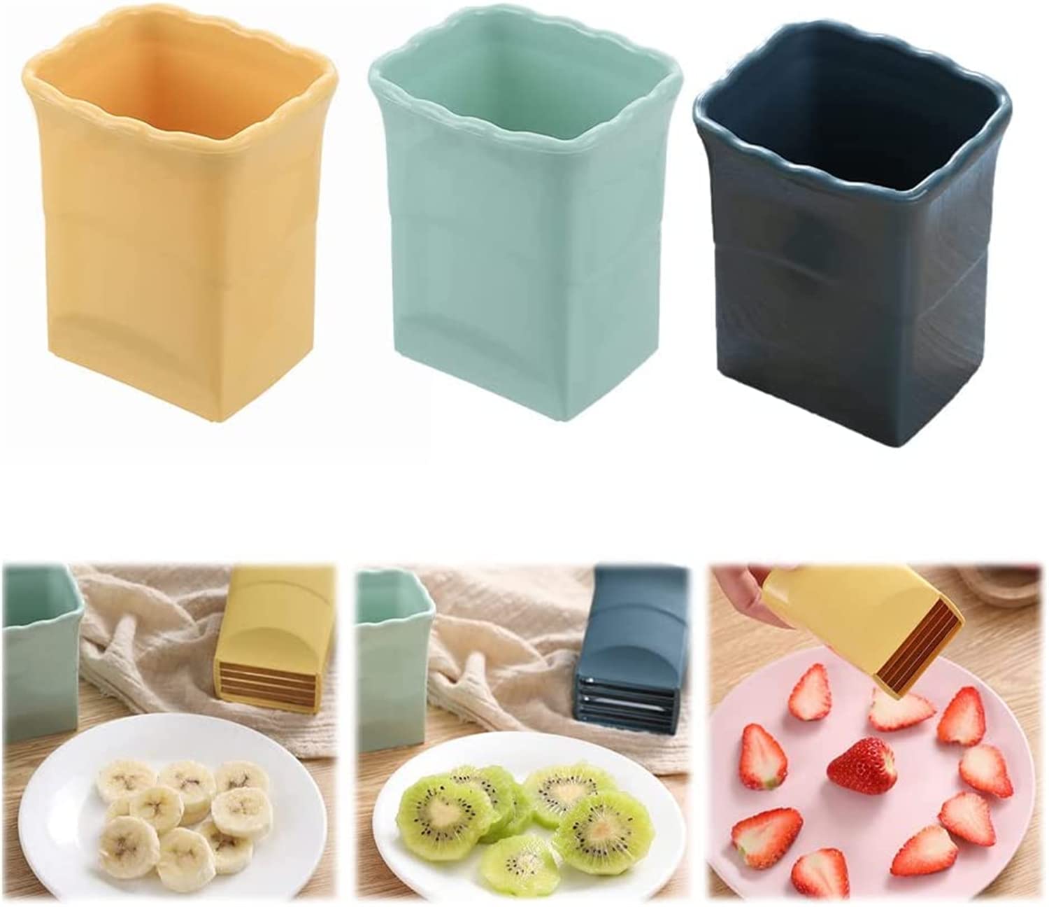 Cup Slicer,Fruit Slicer Egg Slicer Stainless Steel Strawberry Slicer,Banana Cutter Slicer Cup Shredding Potato Chip French Fry Making Tool,Soft Fruits and Vegetables Cutting Kitchen Gadget (3 Colors)