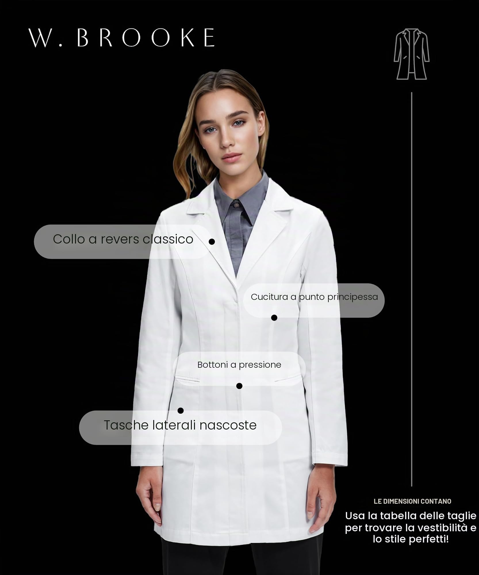 Camice da Laboratorio Donna Sagomato Slim Fit, Modello Sartoriale con Bottoni Automatici Nascosti, Lunghezza 84 cm, Ideale per Dottoressa, Estetista e Farmacia, Tessuto Resistente
