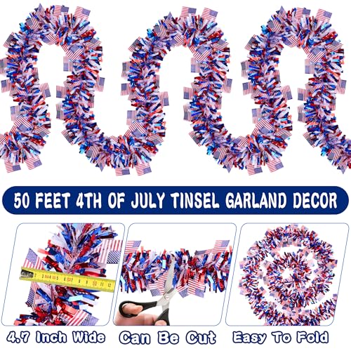 Image of 50 Feet Patriotic Tinsel Garland 4th of July Decorations, Red White Blue American Flag Garlands Glitter Patriotic Garland for Fourth July Independence Day Memorial Day Decor Outdoor Indoor Home Party