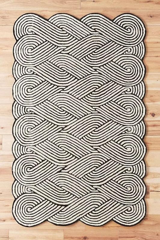 Image of Premium Collection Anti-Skid Woolen Handmade Carpet for Living Room Bedroom Drawing Room Hall and Floor Size 6x8 feet Black & White