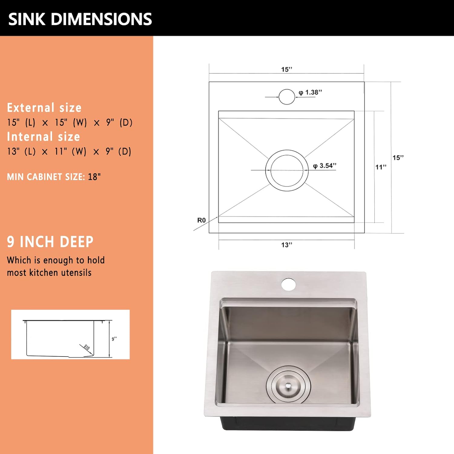 Buy 15 Inch Drop In Bar Sink Stainless SteelHACHENL 15”×15” Drop In