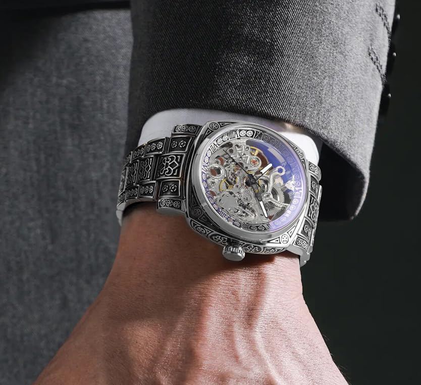 Montre automatique pour homme squelette vintage en acier inoxydable