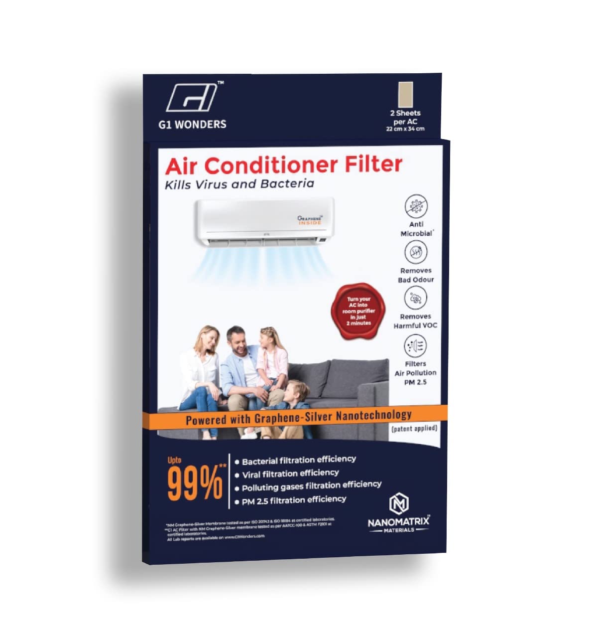 Ac Filter Antiviral Graphene Silver Nanotechnology Washable Anti Pollution convert Split Window AC into Air Purifier, Removes VOC, Dust, Pollen, Allergens AC Filter (Black - 2 Pieces)