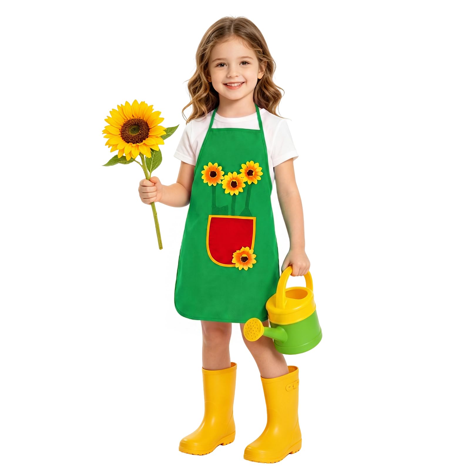 AYBUY Kids Aprons, Adjustable Sunflowers Children's Apron with Pockets, Cartoon Style Child Chef Aprons, Children Kitchen Apron for Painting Baking Artist and Gardening（Style A, Green）