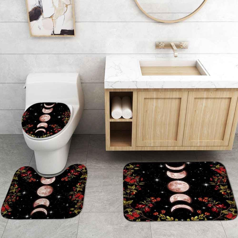 4PCS Moon Phase Shower Curtain Sets with Rugs, Waterproof Fabric Black Shower Curtain Galaxy Star Red Floral Wildflower Butterfly Green Plant Mystic Celestial Boho Gothic Witchy Bathroom Decor