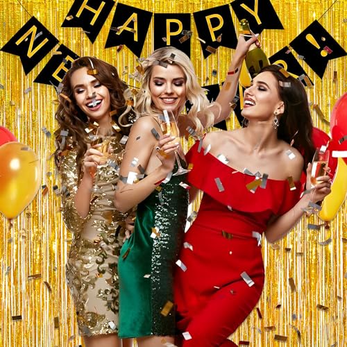 Image of Gold Fringe Curtain Tinsel Backdrop - GREATRIL Foil Fringe Curtain Party Streamers for Prom 2026 NYE New Years Eve Birthdays Christmas Theme Party Decorations Pack of 2