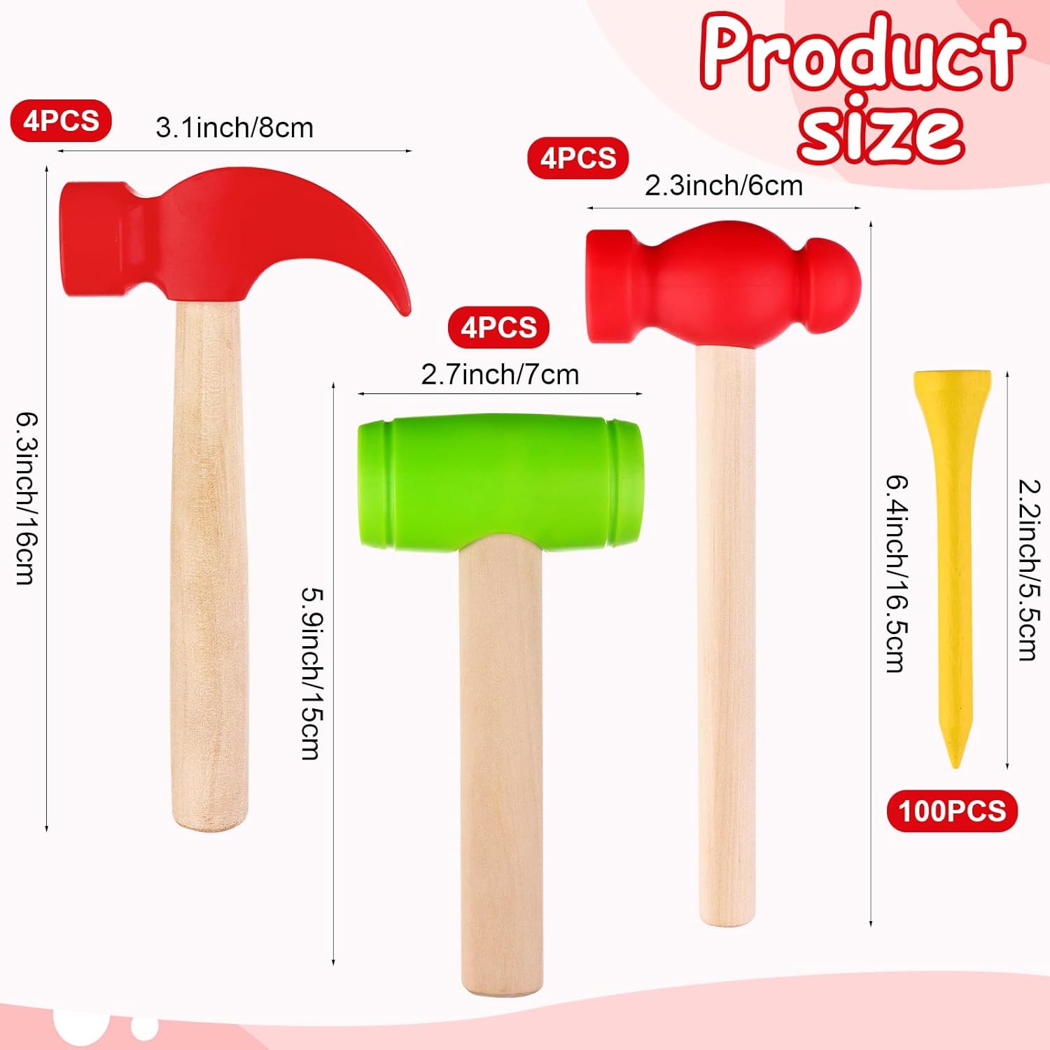 12Pcs Hammer Toys with 100Pcs Small Wooden Hammer Simulation Fake Hammer Maintenance Tools,Toy Hammer Plastic Toddler Claw Hammer Portable Toys Pretend Play Fake Mallet Hammer for Boys Girls