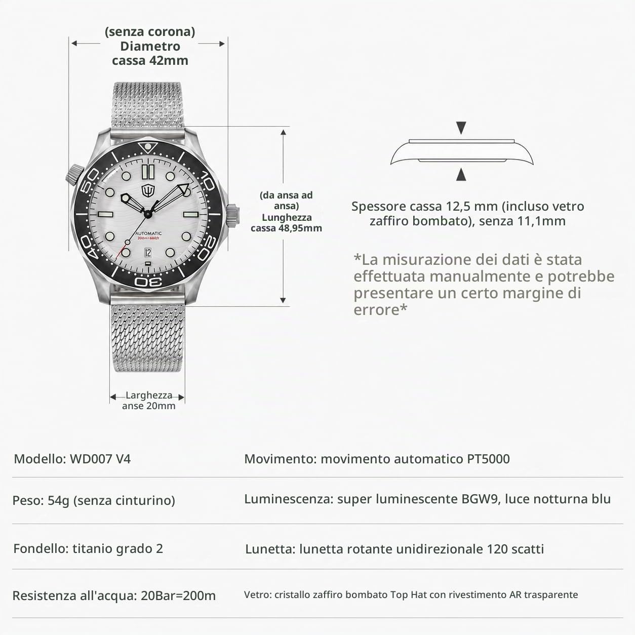 watchdives Orologi Automatici da Uomo WD007, Orologio Subacqueo in Titanio NTTD NH35 Orologio da Polso con Cristallo di Zaffiro Bombato 100 m Impermeabile