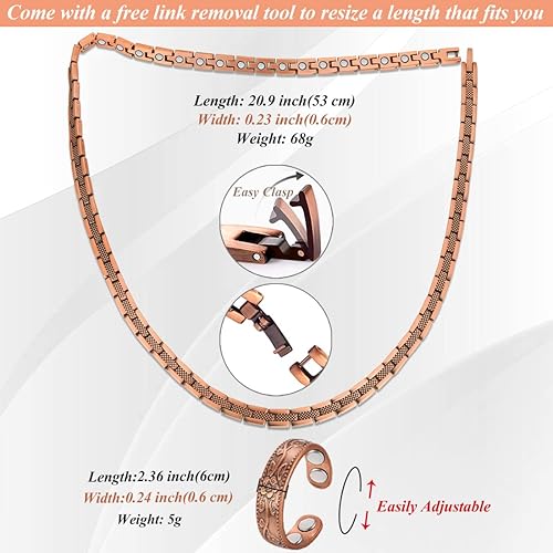 Miniatura 3 de Collar de cobre para hombres y mujeres  Collar magnético 99% sólido cobre puro anillo conjunto de imanes ultra fuertes  con herramienta de tamaño