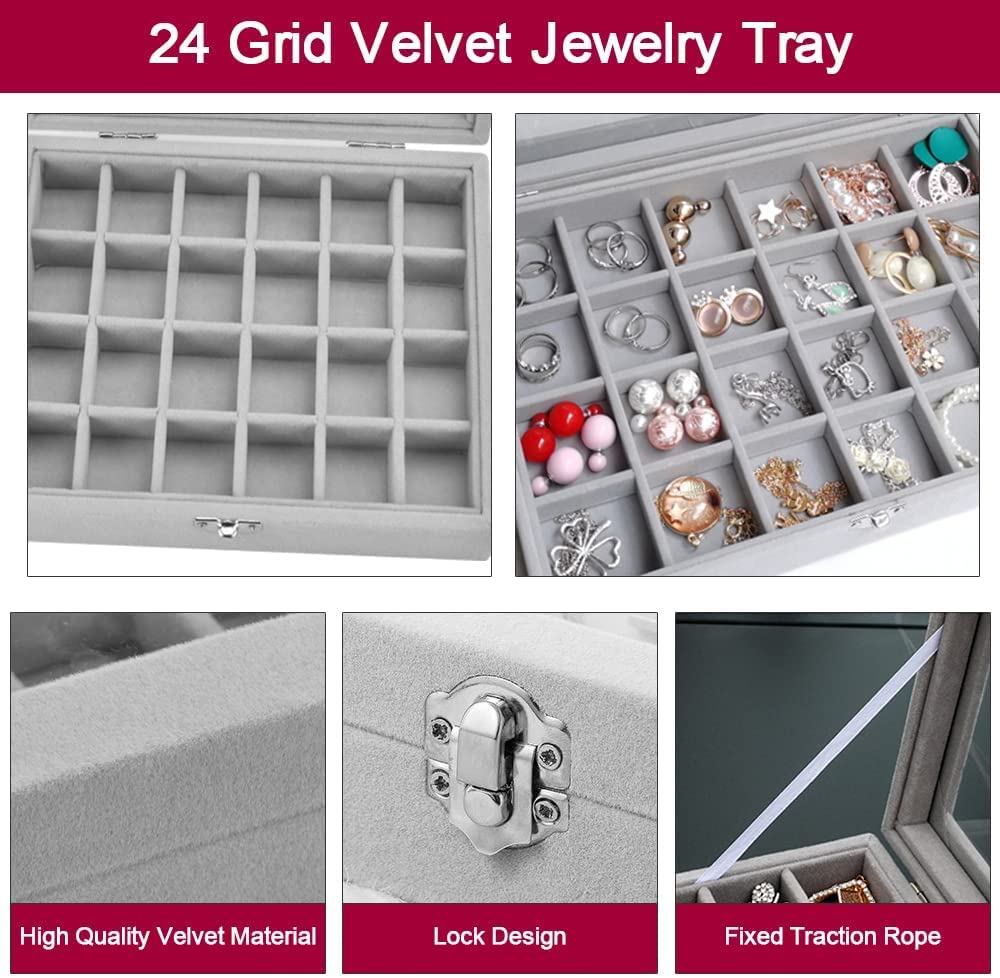 Schmuckkästchen Mit 24 Fächern - Samt Ausstattung & Glasdeckel - Grau Mit Abnehmbaren Tabletts