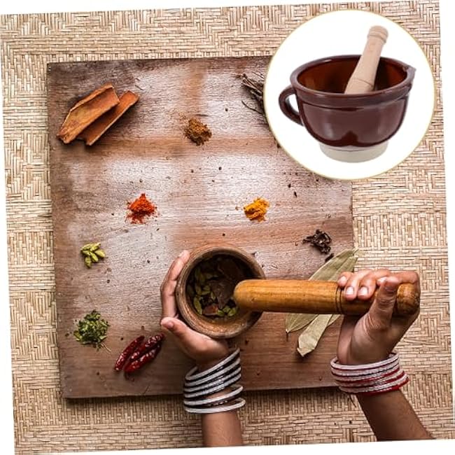 Happyyami Wooden Garlic Set Pestle Manual Garlic Mincer Bowl for Kitchen Seasoning Simple Kitchen Tool