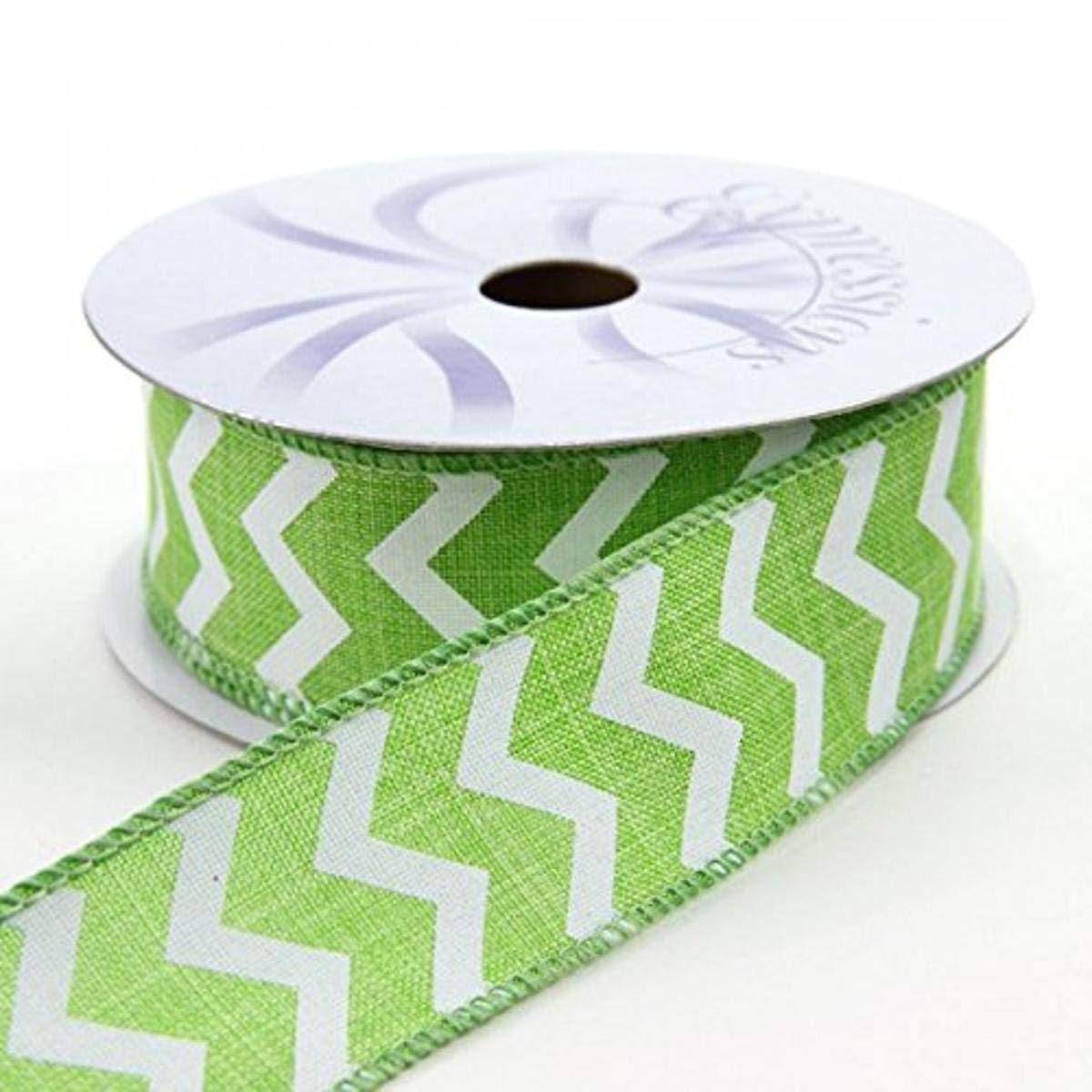 1.5"x10yd Lime/White Wired Small Chevron Ribbon