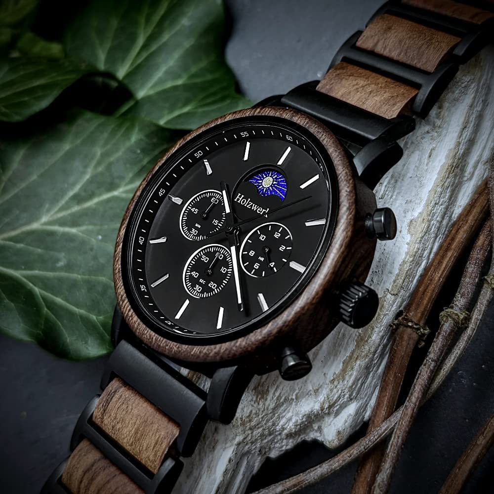 Holzwerk Germany Ręcznie wykonany designerski zegarek męski ekologiczny naturalny drewniany zegarek chronograf bransoletka zegarek analogowy zegarek kwarcowy brązowy czarny niebieski srebrny z fazą