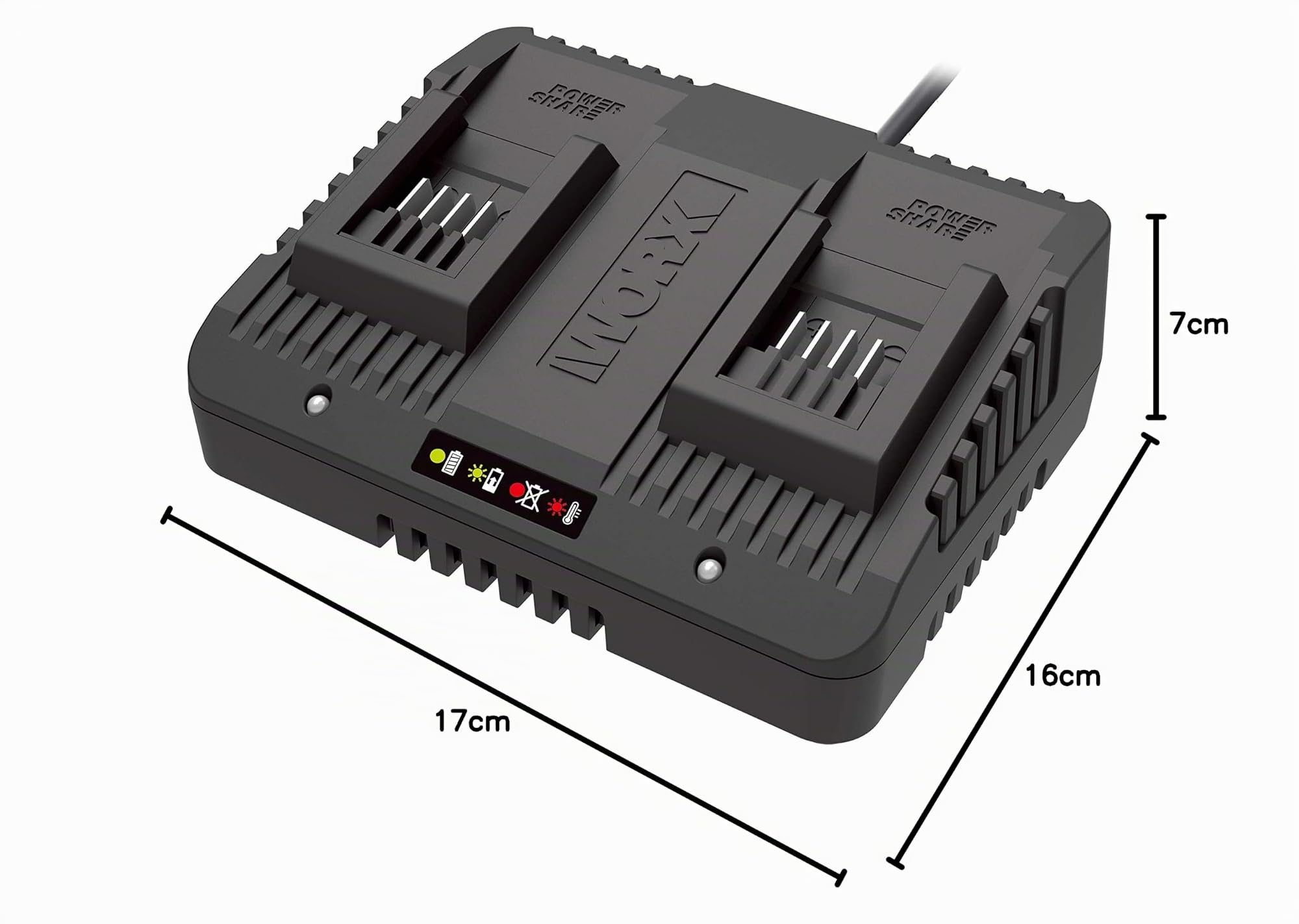WORX WA3772 Cargador Doble 20V Máx. | PowerShare | Carga simultánea de 2 baterías 20V | 2 Modos de Carga | para Todas Las baterías PowerShare | Protección contra sobrecarga