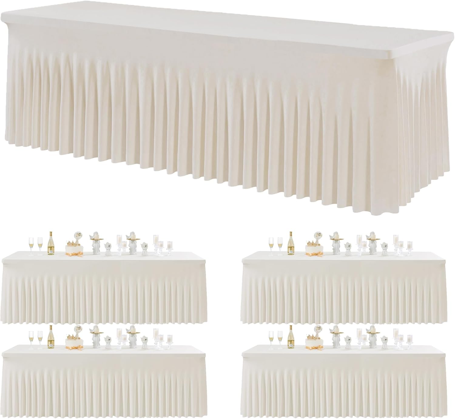 4 pk Spandex Ivory Table Clothes for 8 Foot Rectangle Tables, Stretch Table Cloths 8ft Fitted Table Cover Desk Skirt for Parties Weddings Birthday Banquet Baby Shower