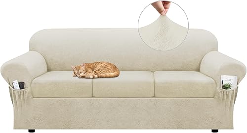 Funda para sofá con bolsillos para reposabrazos, juego de 4 piezas, funda elástica de piel sintética para sofás de 3 plazas (se ajusta a 72-92