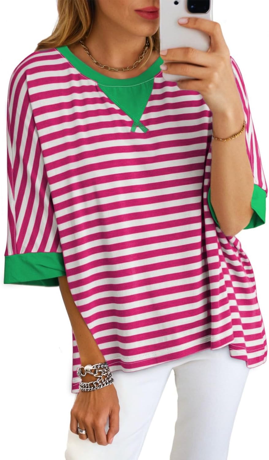 Dokotoo Tops for Women Striped 2026 Fashion T Shirts for Women Color Block Crewneck Design Loose Basic Tee