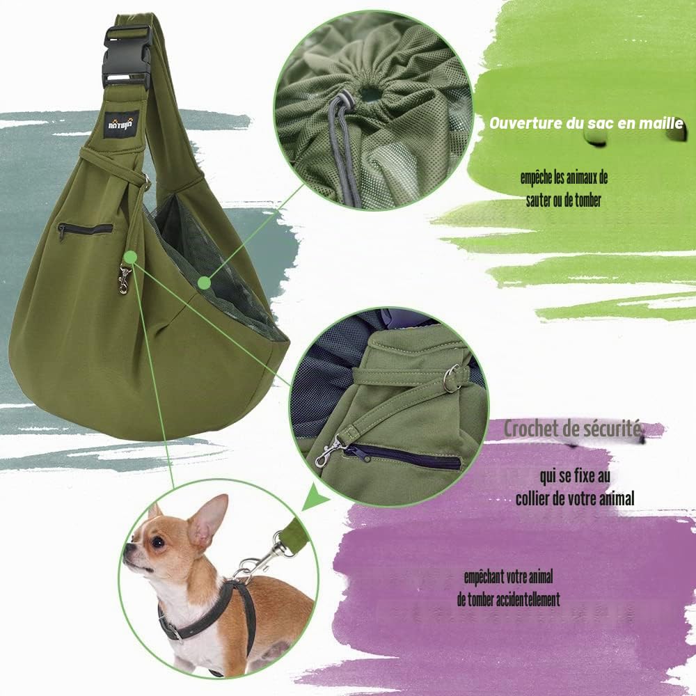 NATUYA Sac de Transport pour Chien et Chiot - Mains Libres - Bandoulière réglable - Poche zippée - Ceinture de sécurité en Maille - pour Voyage en Plein air, métro, Vert