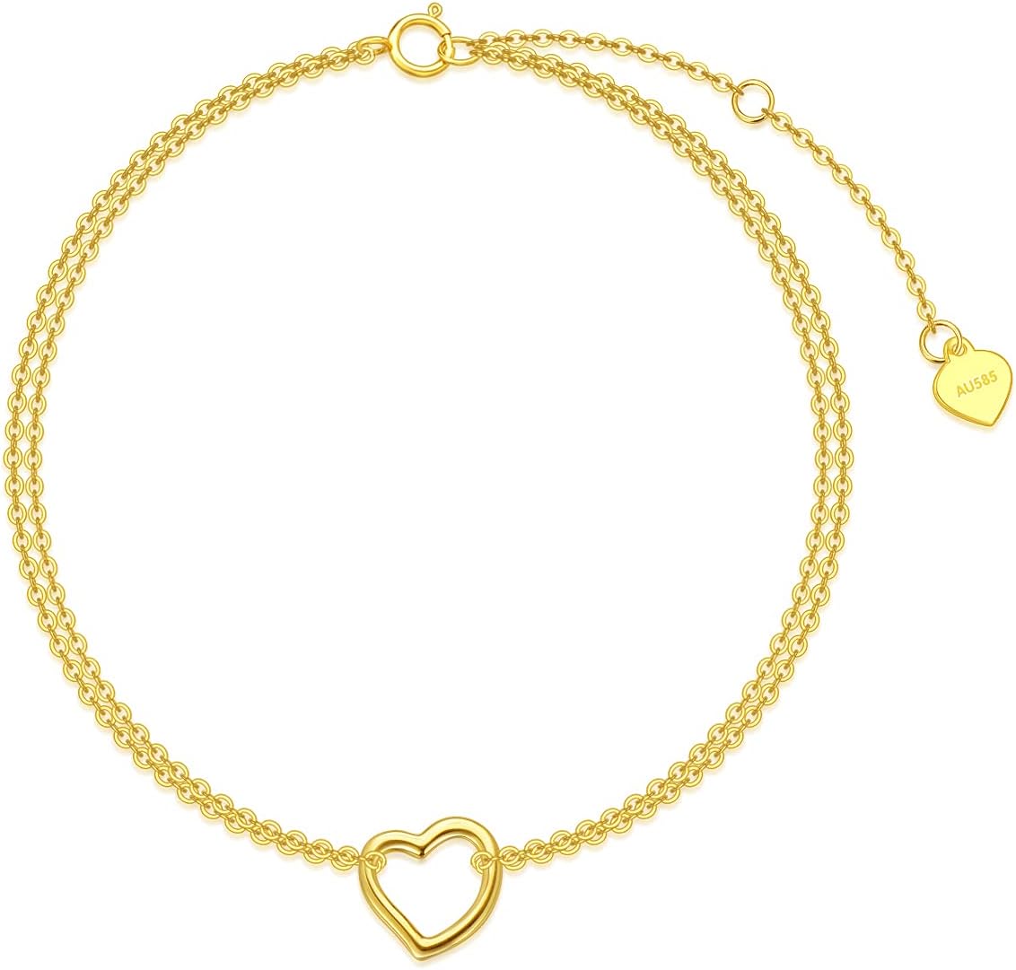 SISGEM 14K Yellow Gold Love Heart Bracelet for Women, Real Gold Double Chains Heart Bracelet Anniversary Jewelry Gift for Her, Wife, Mom 6.5"-8.1"