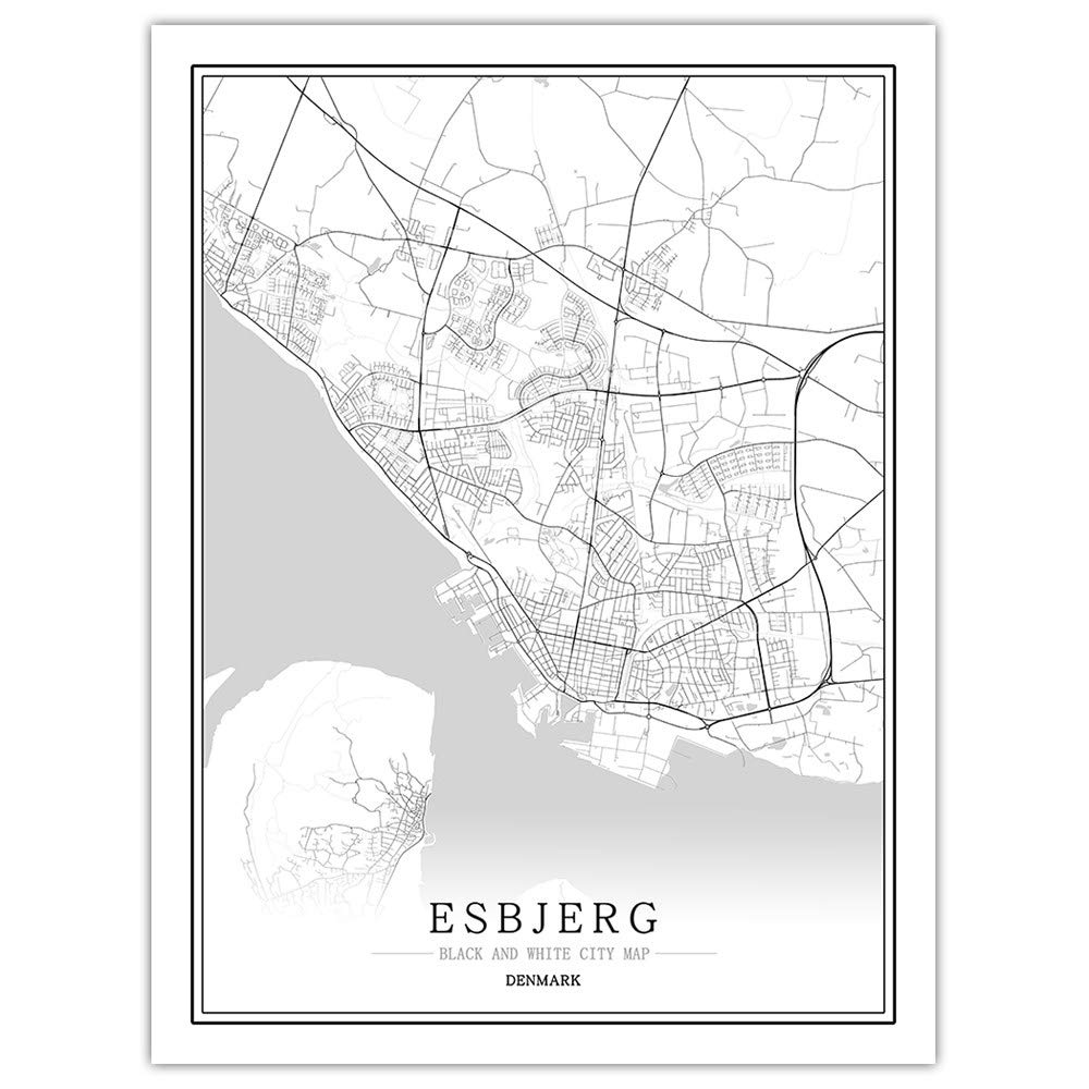 Carte de la ville Esbjerg Danemark deco murale verticale pour bureau et cafe contemporain