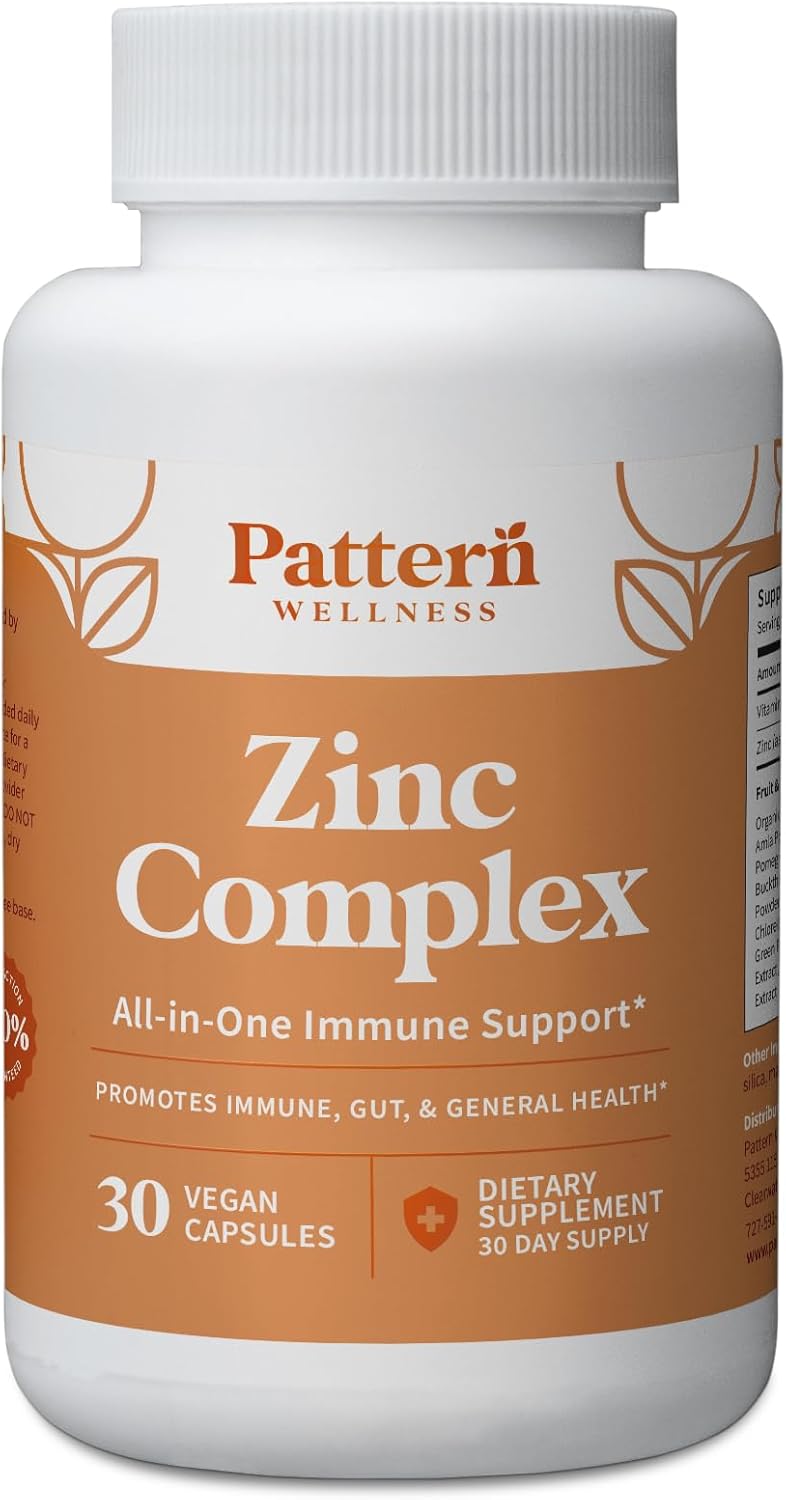 Pattern Wellness Zinc Complex Supplement – High Absorption Zinc with Vitamin C + Probiotics – All-in-One Immune Support – 3rd Party Lab Tested – 30 Vegan Capsules