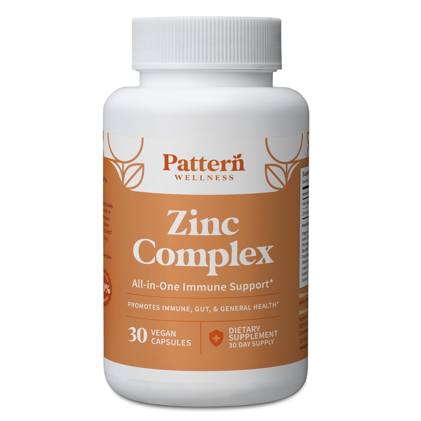 Pattern Wellness Zinc Complex Supplement - High Absorption Zinc with Vitamin C + Probiotics - All-in-One Immune Support - 3rd Party Lab Tested - 30 Vegan Capsules