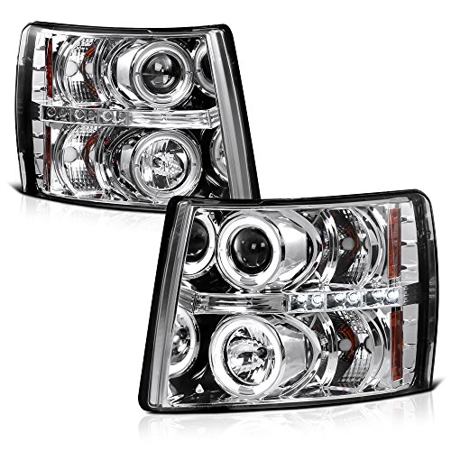 VIPMOTOZ LED Strip DRL Halo Ring Chrome Housing Projector Headlight Headlamp Assembly For 2007-2013 Chevy Silverado 1500 2500HD 3500HD Pickup Truck, Driver & Passenger Side