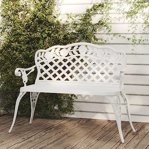 White Cast Aluminum Garden Bench, 108 cm Outdoor Patio Seating for Backyard, Durable Weather-Resistant Park Bench with Ornate Floral Design
