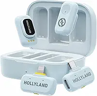Hollyland LARK A1 Combo – Microfone Sem Fio Mini para iPhone e Android (2TX + USB-C RX + Lightning RX + Case de Carregamento), Microfone Magnético para YouTube, TikTok, Podcast e Vlogs (Azul)