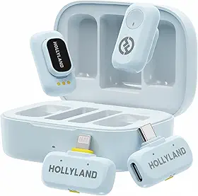 Hollyland LARK A1 Combo – Microfone Sem Fio Mini para iPhone e Android (2TX + USB-C RX + Lightning RX + Case de Carregamento), Microfone Magnético para YouTube, TikTok, Podcast e Vlogs (Azul)