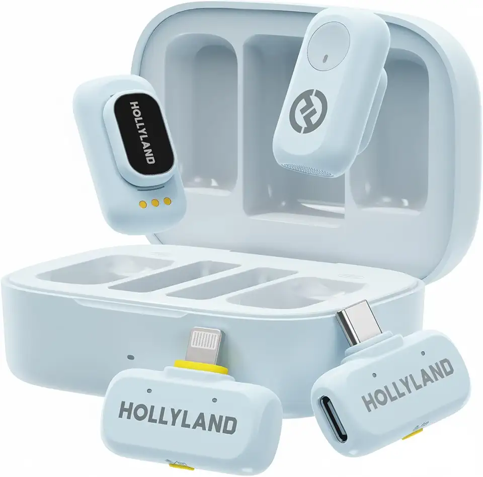 Hollyland LARK A1 Combo – Microfone Sem Fio Mini para iPhone e Android (2TX + USB-C RX + Lightning RX + Case de Carregamento), Microfone Magnético para YouTube, TikTok, Podcast e Vlogs (Azul)