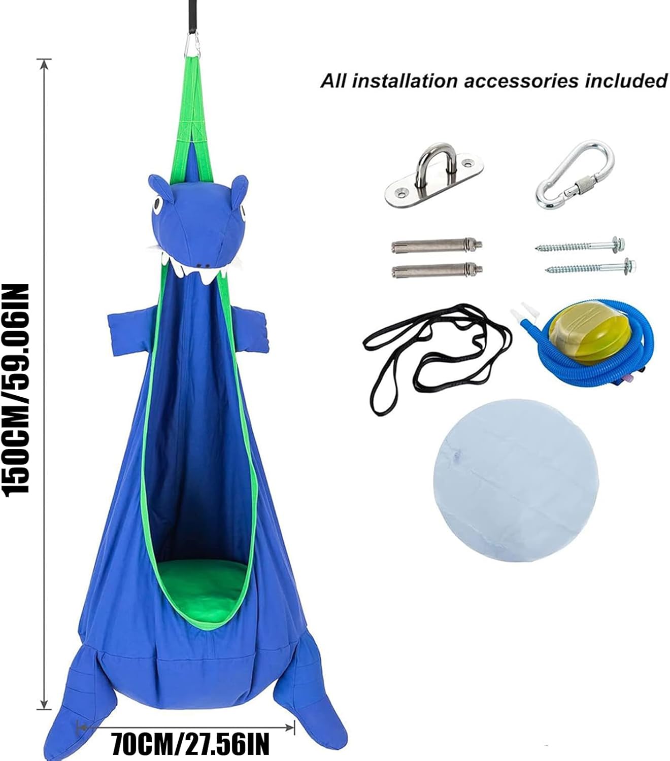 Pod Swing - Hanging Nest Chair, Breathable Canvas Seat, Sensory Relaxing Space, Indoor Outdoor Play Furniture, Childrens Equipment, Blue Large Size Hammock For Playroom Backyard And Camping Adventures