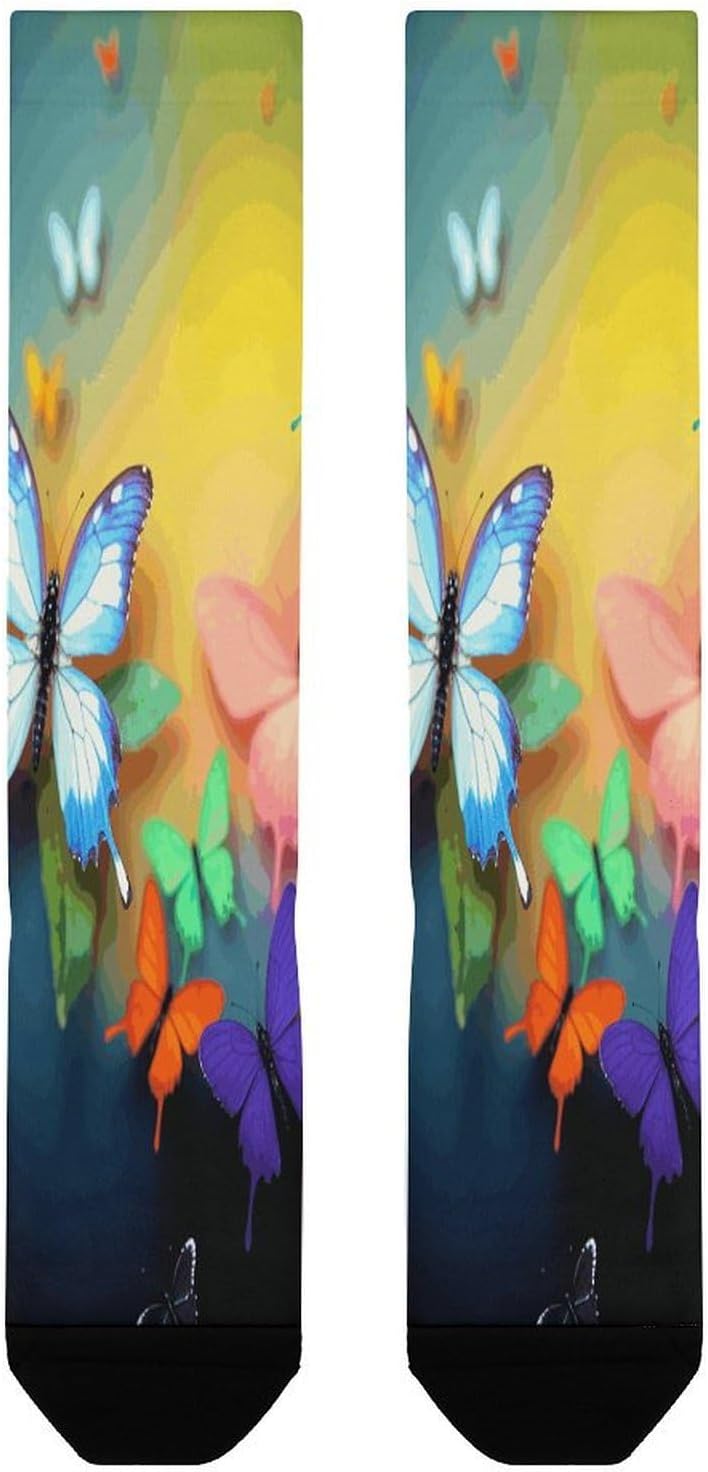 Colorful with Butterfly Compression Socks for Men Women | Funny Novelty Knee High Socks, Breathable Cozy Soft Football Sock, Over The Calf Socks for Casual Work Athletic Sock & Gifts