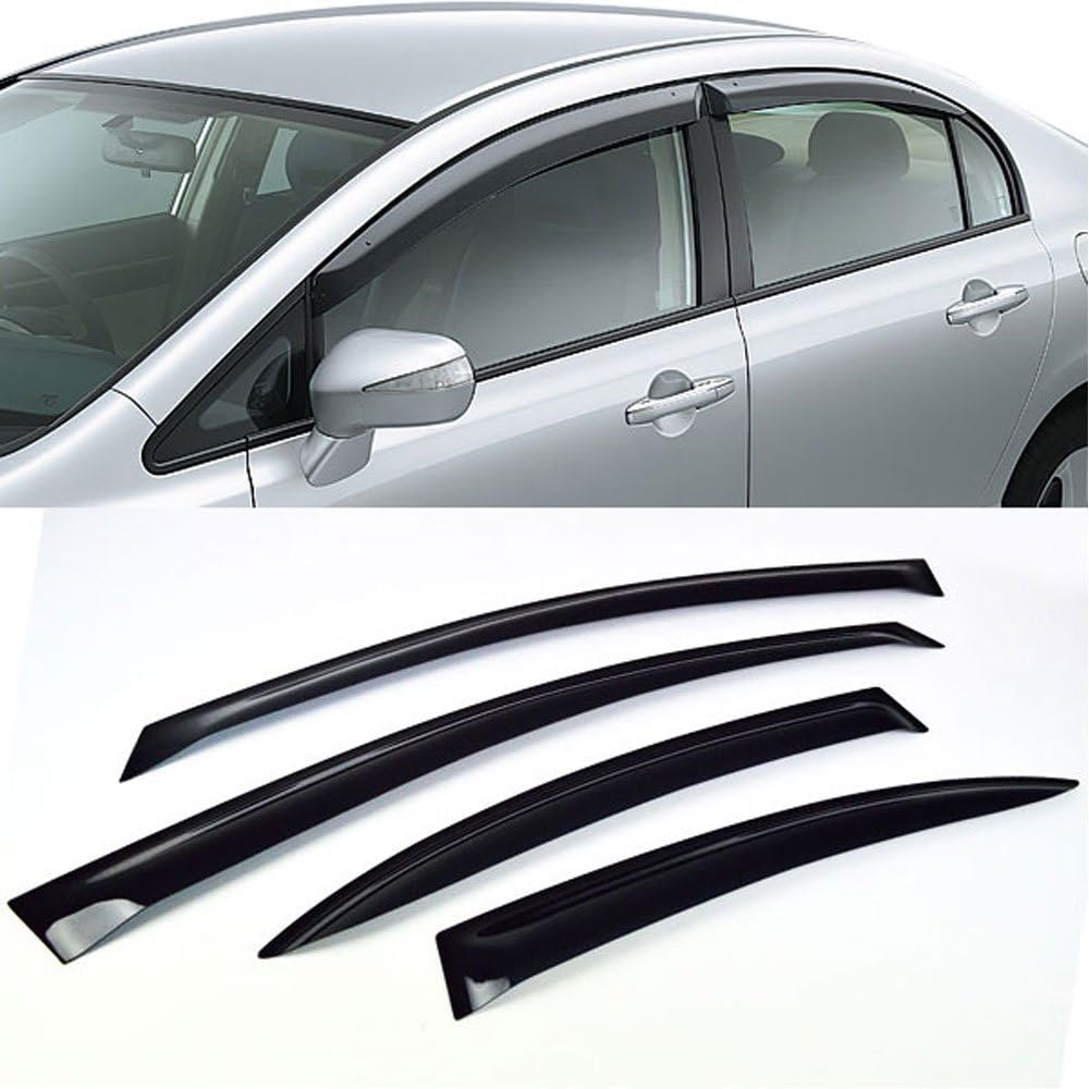 Window Visor Compatible with 2006-2011 Honda Civic 8th Gen, Factory Style Smoked Transparent Black Sun Rain Wind Guards Shade Pc By IKON MOTORSPORTS, 2007 2008 2009 2010