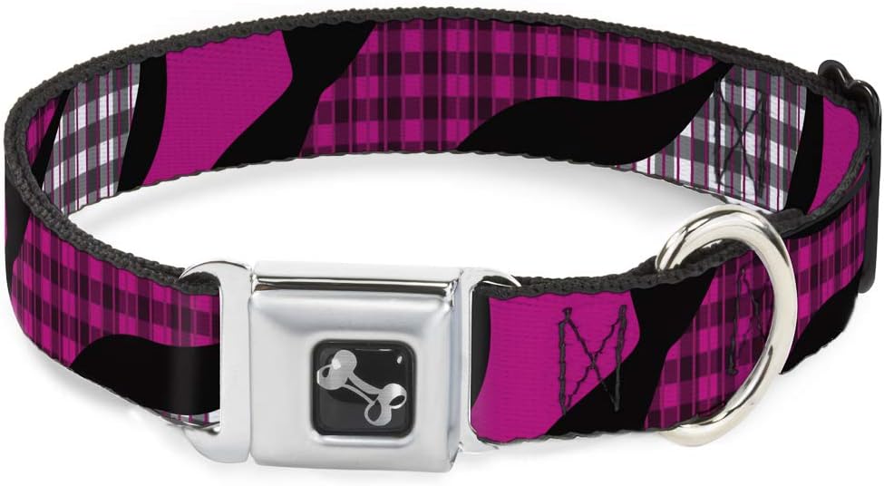 Dog Collar Seatbelt Buckle Buffalo Plaid Abstract White Black Fuchsia 15 to 26 Inches 1.0 Inch Wide