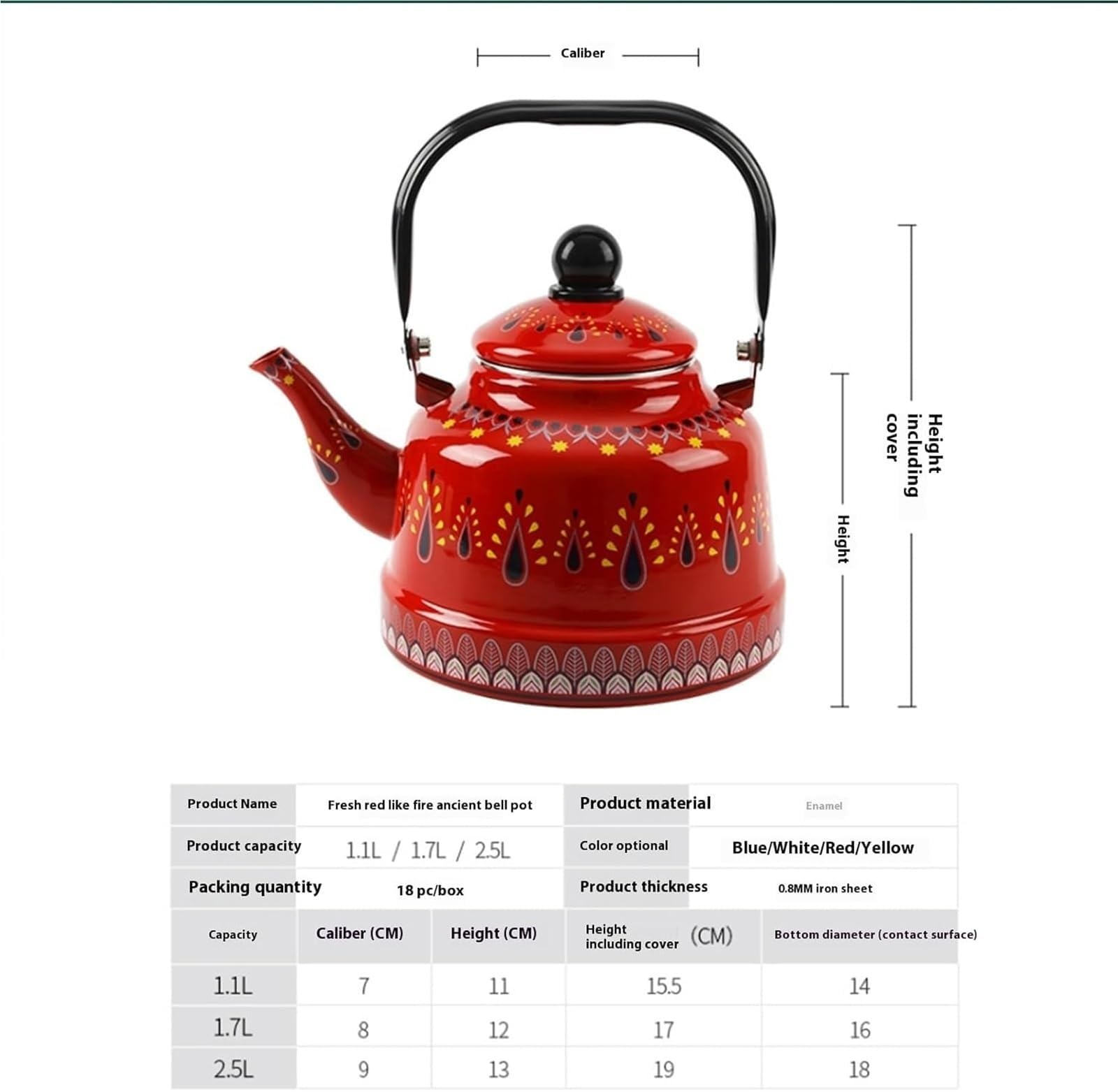 hervidor esmaltado, Tetera esmaltada vintage - con mango plegable ergonómico for(Red,1.7L)