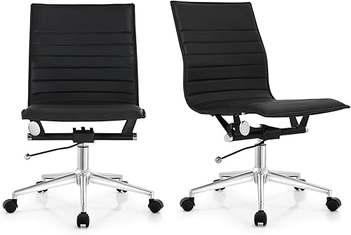 2xhome moderno Mid Back Office silla Armless Ribbed PU cuero giratorio inclinable silla ajustable jefe jefe gerente de gestión ejecutiva oficina de