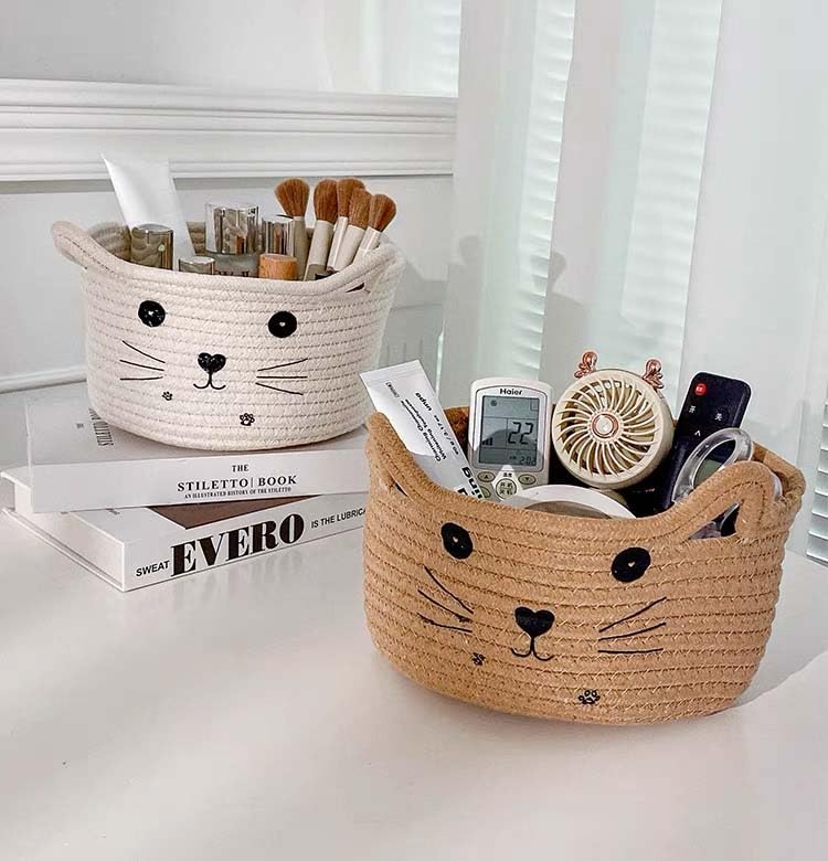 Image of Cat Basket Storage Woven Basket Organizer with Ears Decorative Cute Pet Toy Basket Cotton Rope Basket for Gifts Cartoon Baby Nursery Basket 8.3 x 4.7 inches,White
