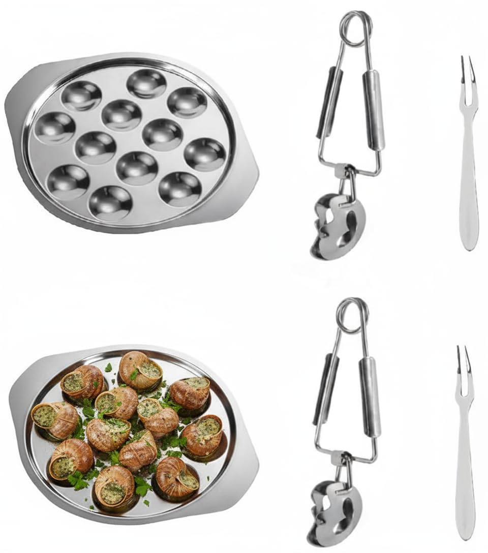 Juego De 12 Piezas Para Caracoles - 4 Platos Con Agujeros + Pinzas Y Tenedores - Acero Inoxidable Para Mariscos Y Ostras