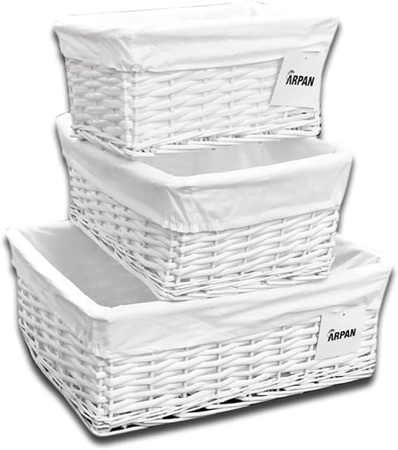 Arpan Set of 3 White Wicker Gift Hamper Storage Basket with White Cloth Lining