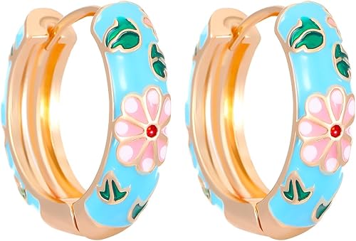 Aretes de aro estilo vintage esmaltados para mujer, elegantes aretes de aro con flores esmaltadas, delicados y coloridos, aretes de aro de moda